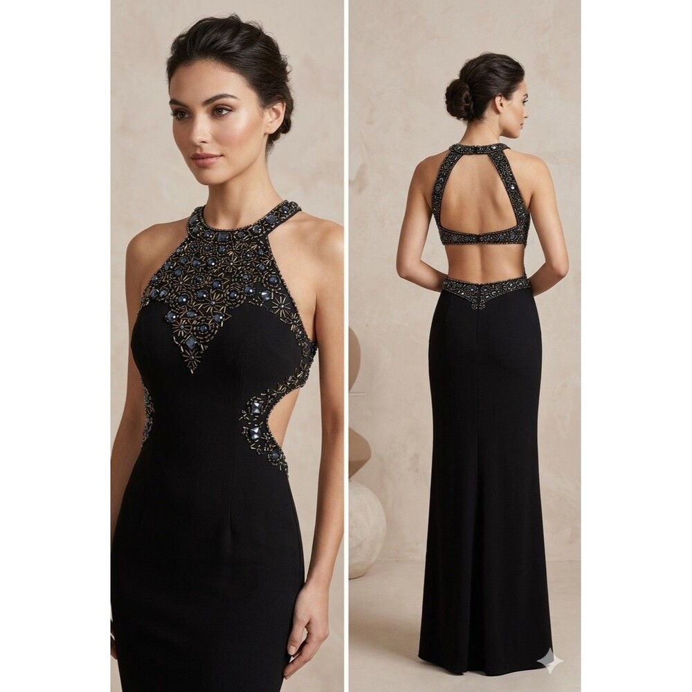 ​Betsy & Adam Sz XS Halter Gown Embellished Cutout Back Prom Formal Dress Navy B